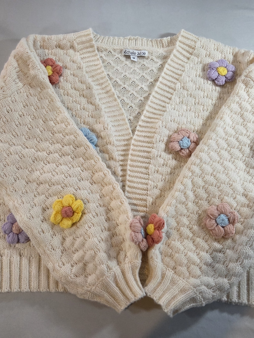 Cream Crochet Flower Knit Cardigan - Picture 2 of 6